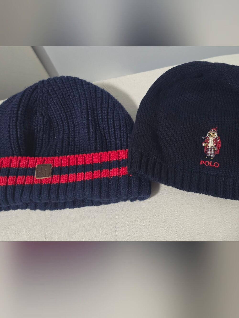 Polo by Ralph Lauren Navy Knit Bear Hat with Red Embroidered Polo (2 Hats)